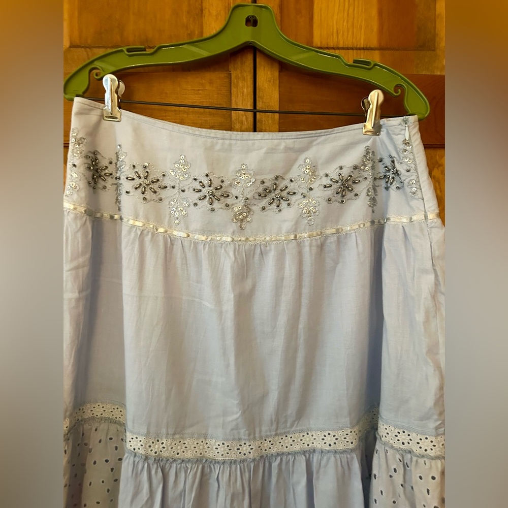 Embroidered Light Blue Maxi Skirt with Eyelet Trim - Picture 2 of 11